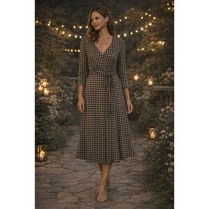 White House Black Market Black Tan Floral Houndstooth Reversible Wrap Dress Sz M